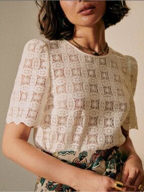 Sezane White Lace Boxy Short-Sleeve Top - Size 10 US/Large/42 FR